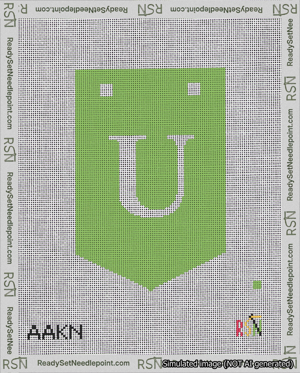 A taped needlepoint canvas with the design: Banner 18 mesh count Pointed U White on Light Green.