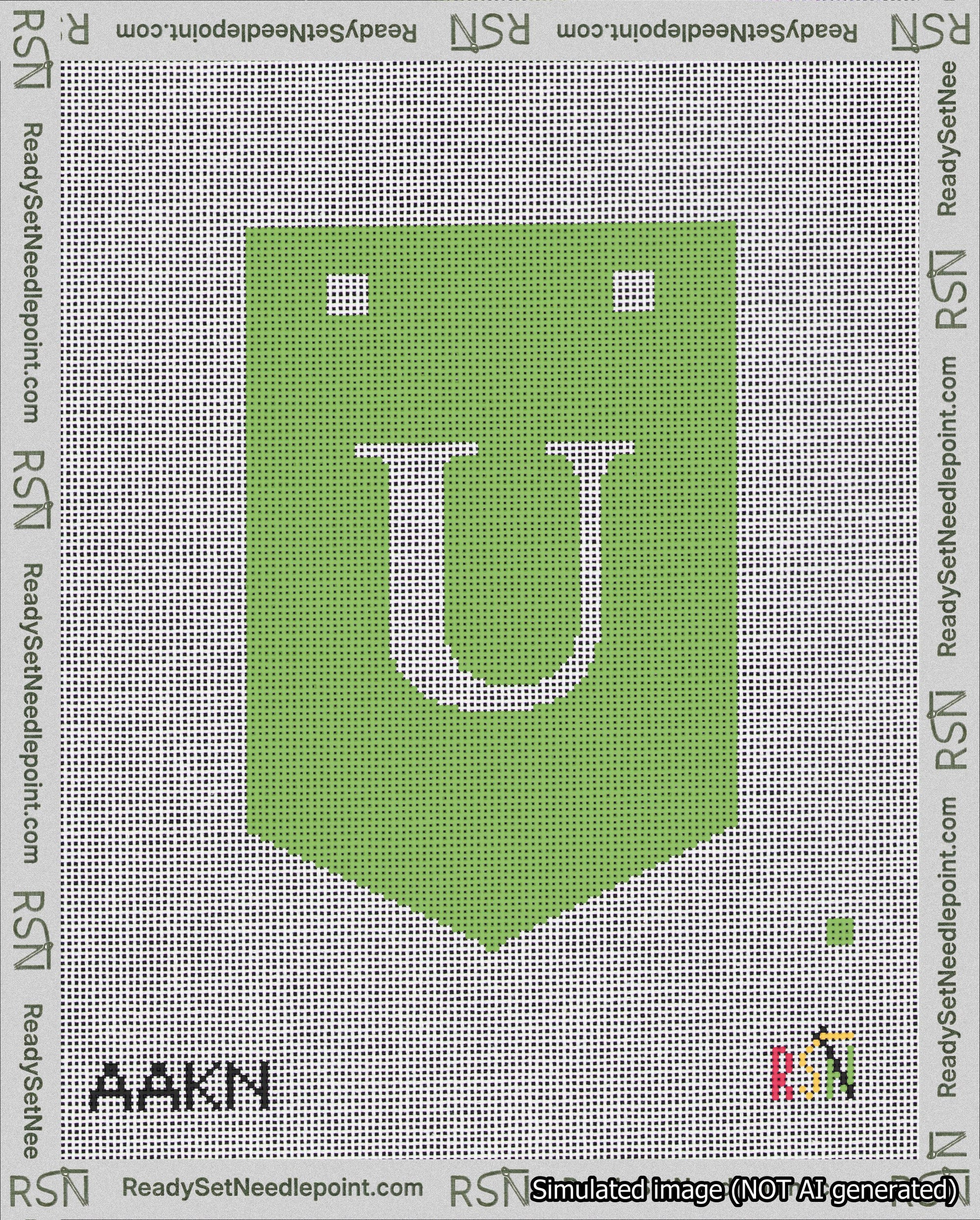 A taped needlepoint canvas with the design: Banner 18 mesh count Pointed U White on Light Green.