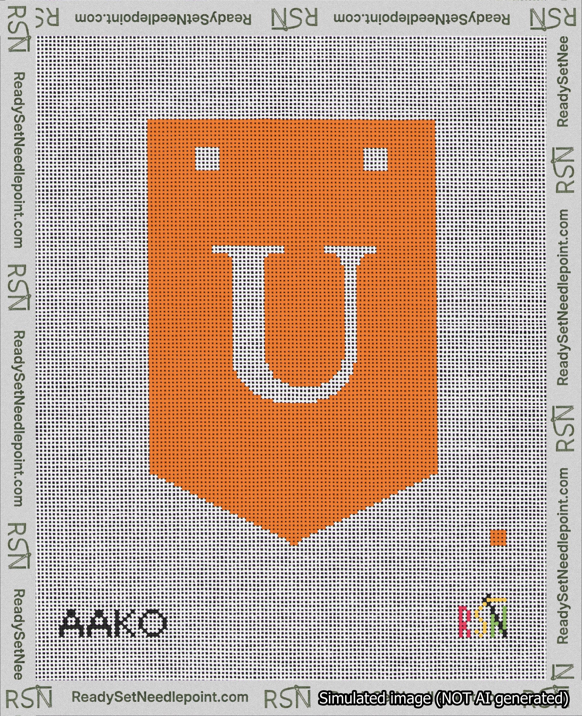 A taped needlepoint canvas with the design: Banner 18 mesh count Pointed U White on Orange.