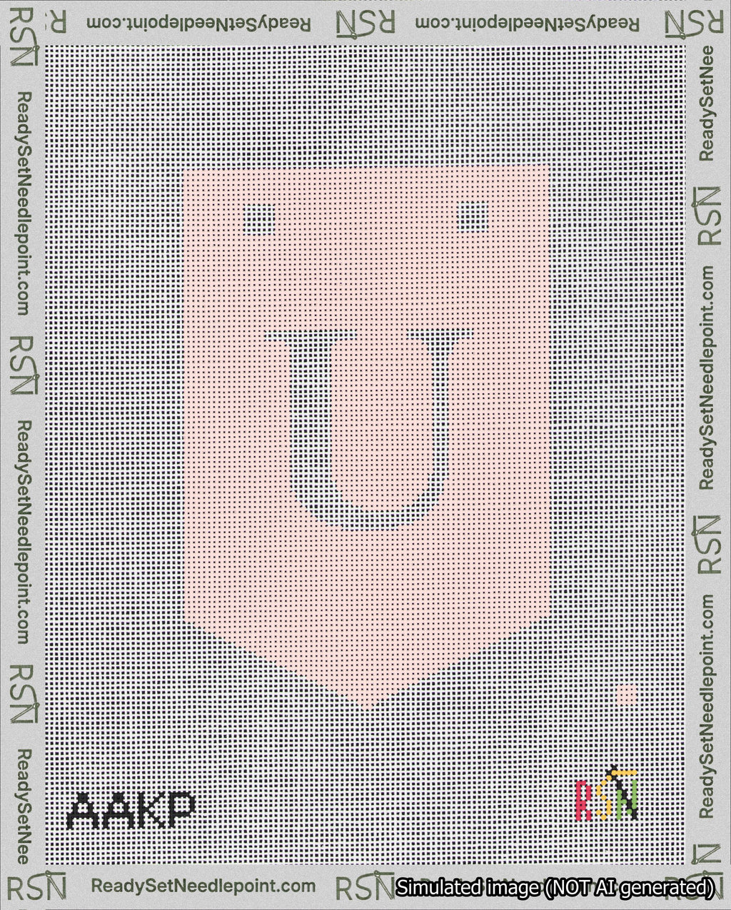A taped needlepoint canvas with the design: Banner 18 mesh count Pointed U White on Pink.