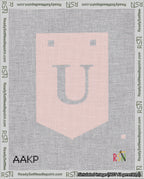 A taped needlepoint canvas with the design: Banner 18 mesh count Pointed U White on Pink.