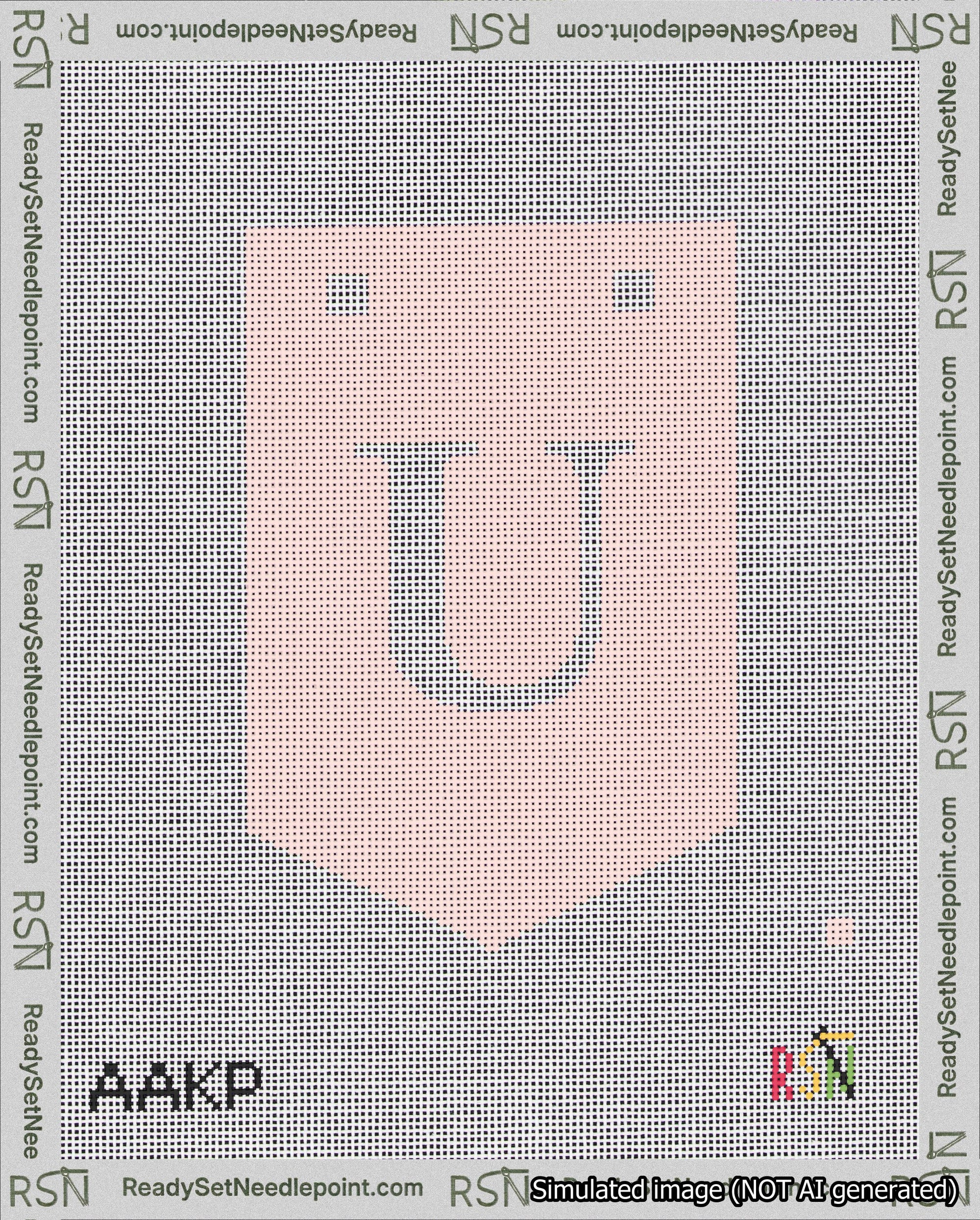 A taped needlepoint canvas with the design: Banner 18 mesh count Pointed U White on Pink.