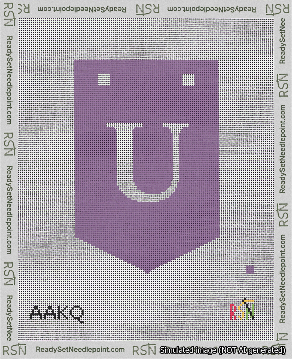 A taped needlepoint canvas with the design: Banner 18 mesh count Pointed U White on Purple.