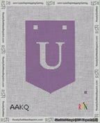 A taped needlepoint canvas with the design: Banner 18 mesh count Pointed U White on Purple.