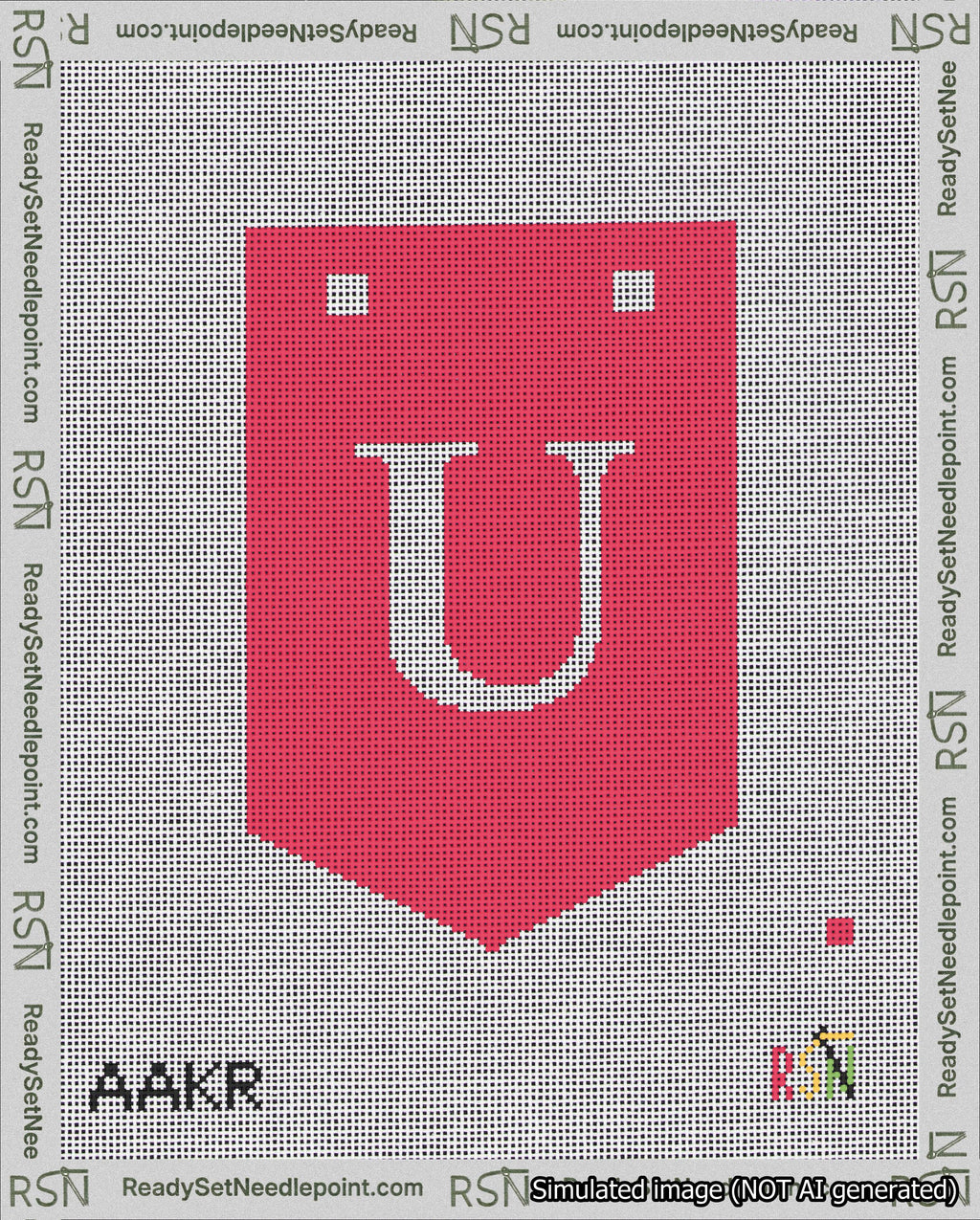 A taped needlepoint canvas with the design: Banner 18 mesh count Pointed U White on Red.