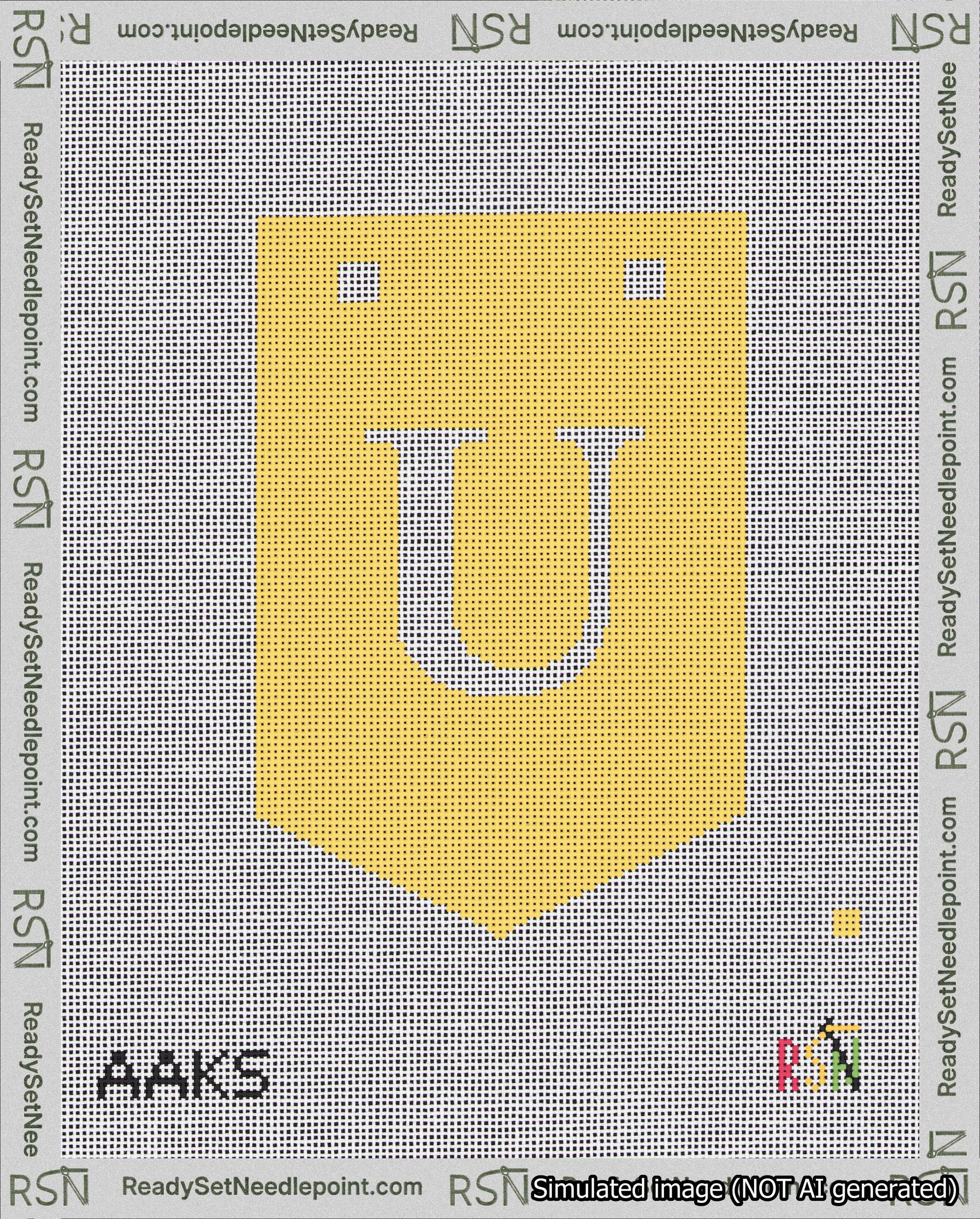 A taped needlepoint canvas with the design: Banner 18 mesh count Pointed U White on Yellow.