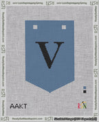 A taped needlepoint canvas with the design: Banner 18 mesh count Pointed V Black on Blue.