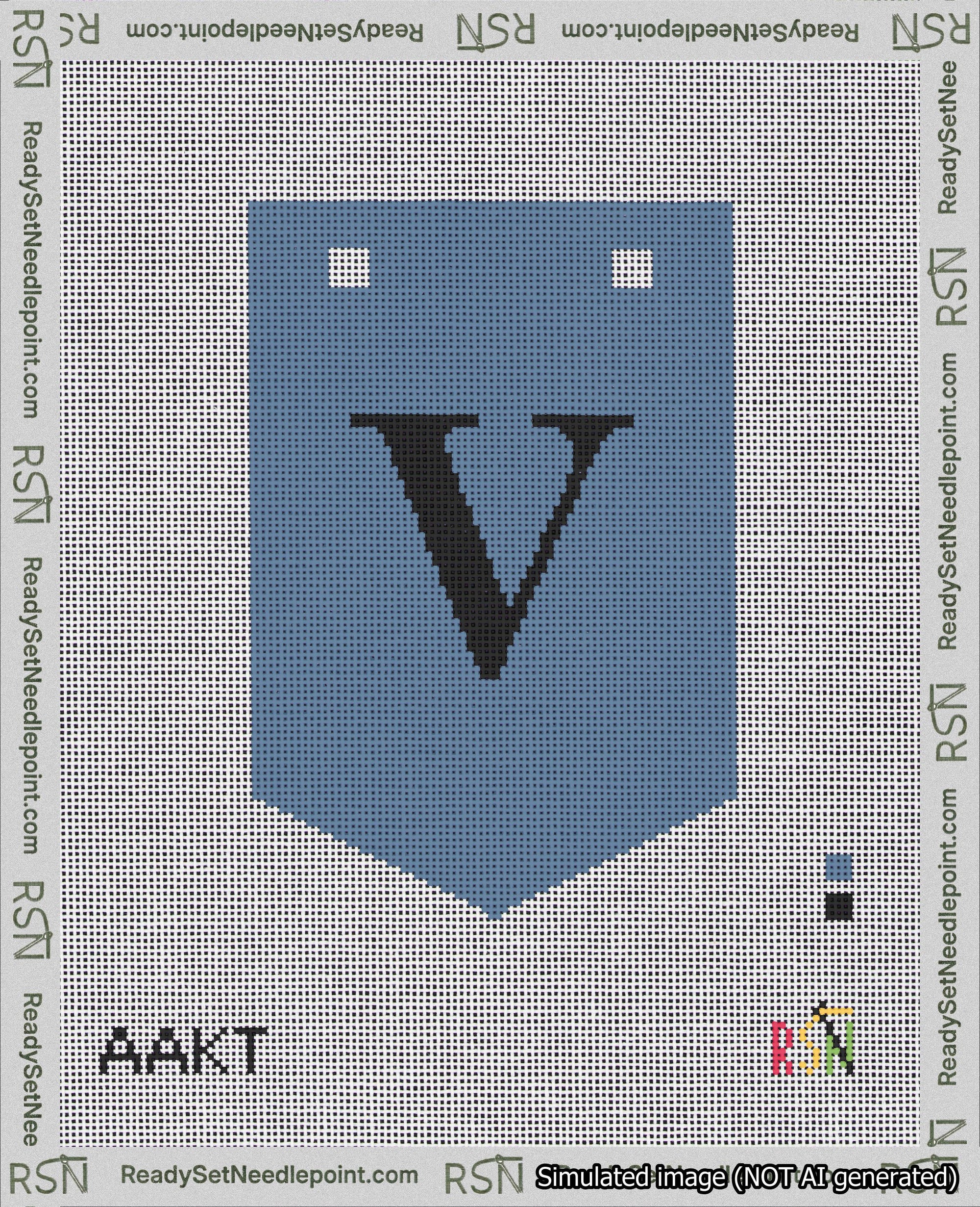 A taped needlepoint canvas with the design: Banner 18 mesh count Pointed V Black on Blue.