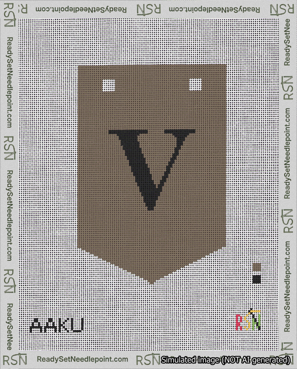 A taped needlepoint canvas with the design: Banner 18 mesh count Pointed V Black on Brown.
