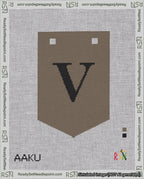 A taped needlepoint canvas with the design: Banner 18 mesh count Pointed V Black on Brown.