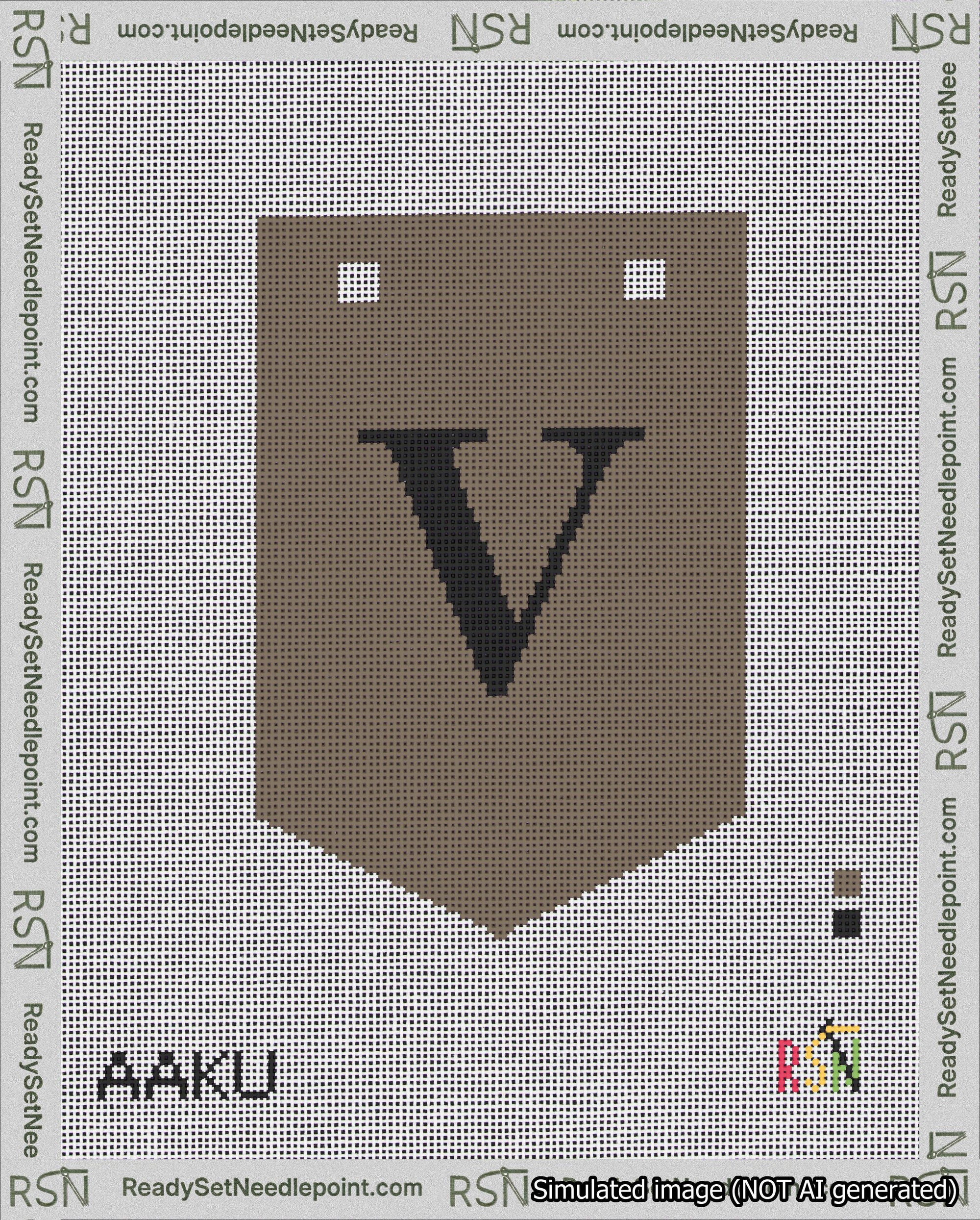 A taped needlepoint canvas with the design: Banner 18 mesh count Pointed V Black on Brown.