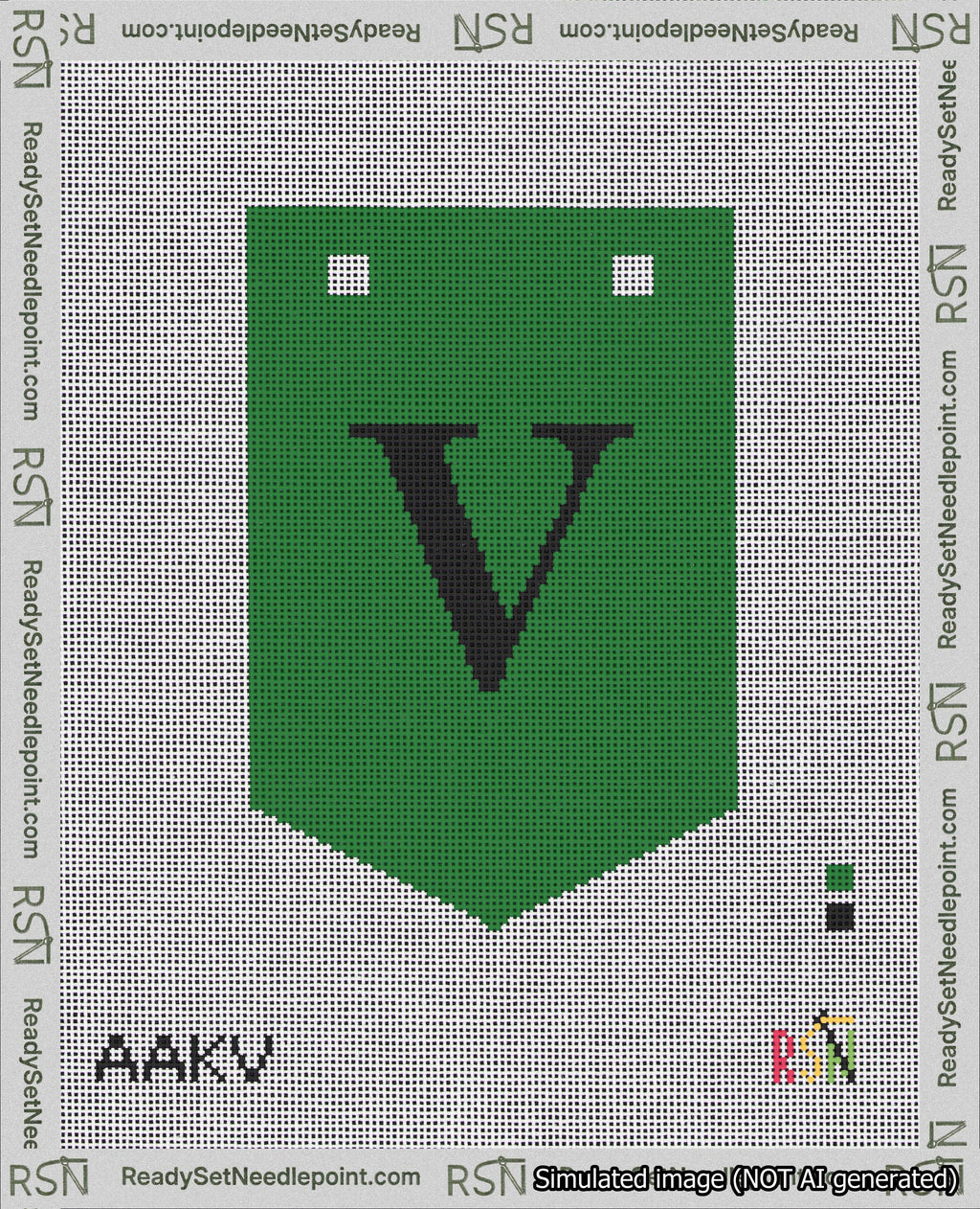 A taped needlepoint canvas with the design: Banner 18 mesh count Pointed V Black on Green.