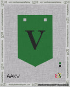 A taped needlepoint canvas with the design: Banner 18 mesh count Pointed V Black on Green.