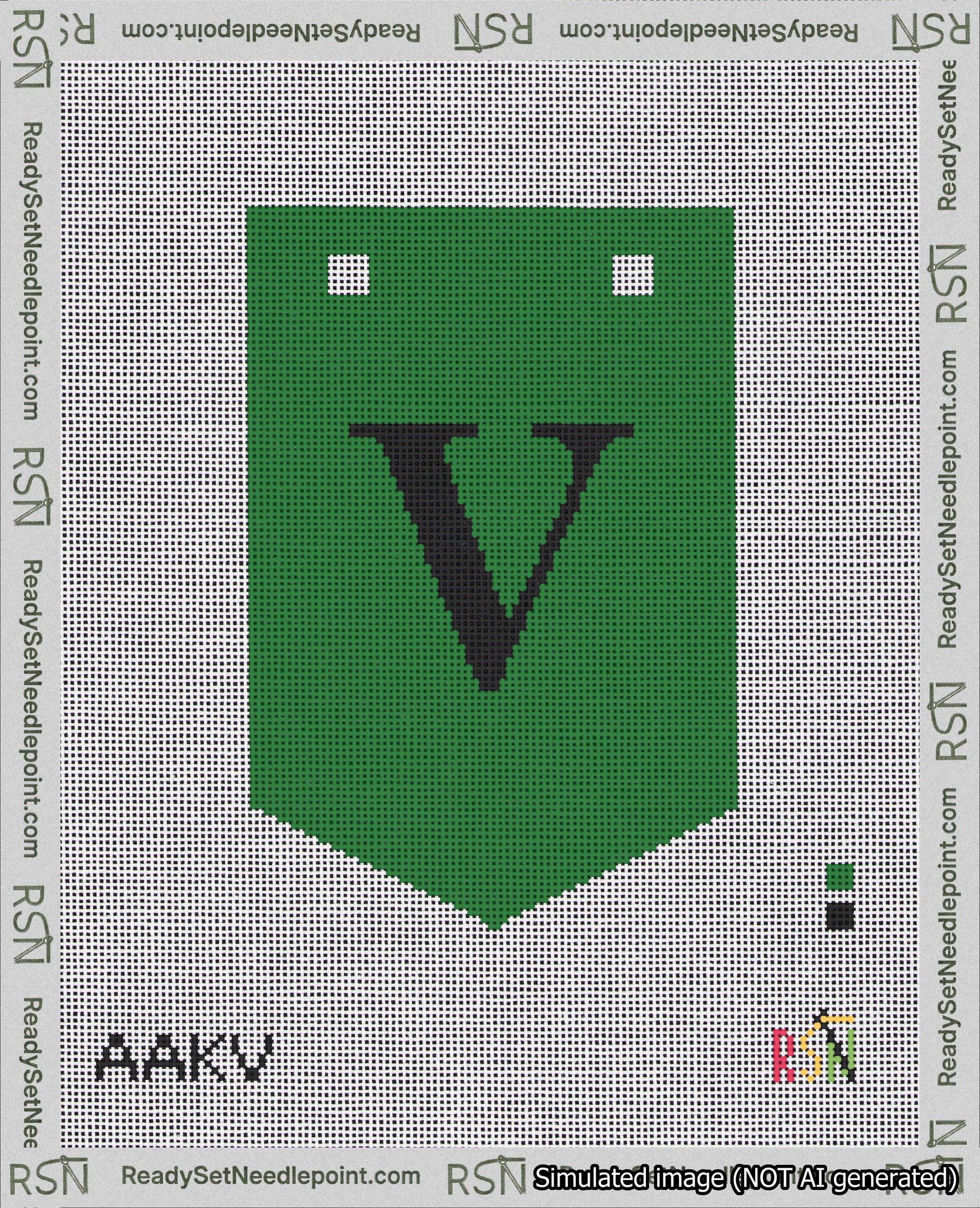 A taped needlepoint canvas with the design: Banner 18 mesh count Pointed V Black on Green.