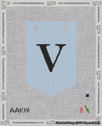 A taped needlepoint canvas with the design: Banner 18 mesh count Pointed V Black on Light Blue.