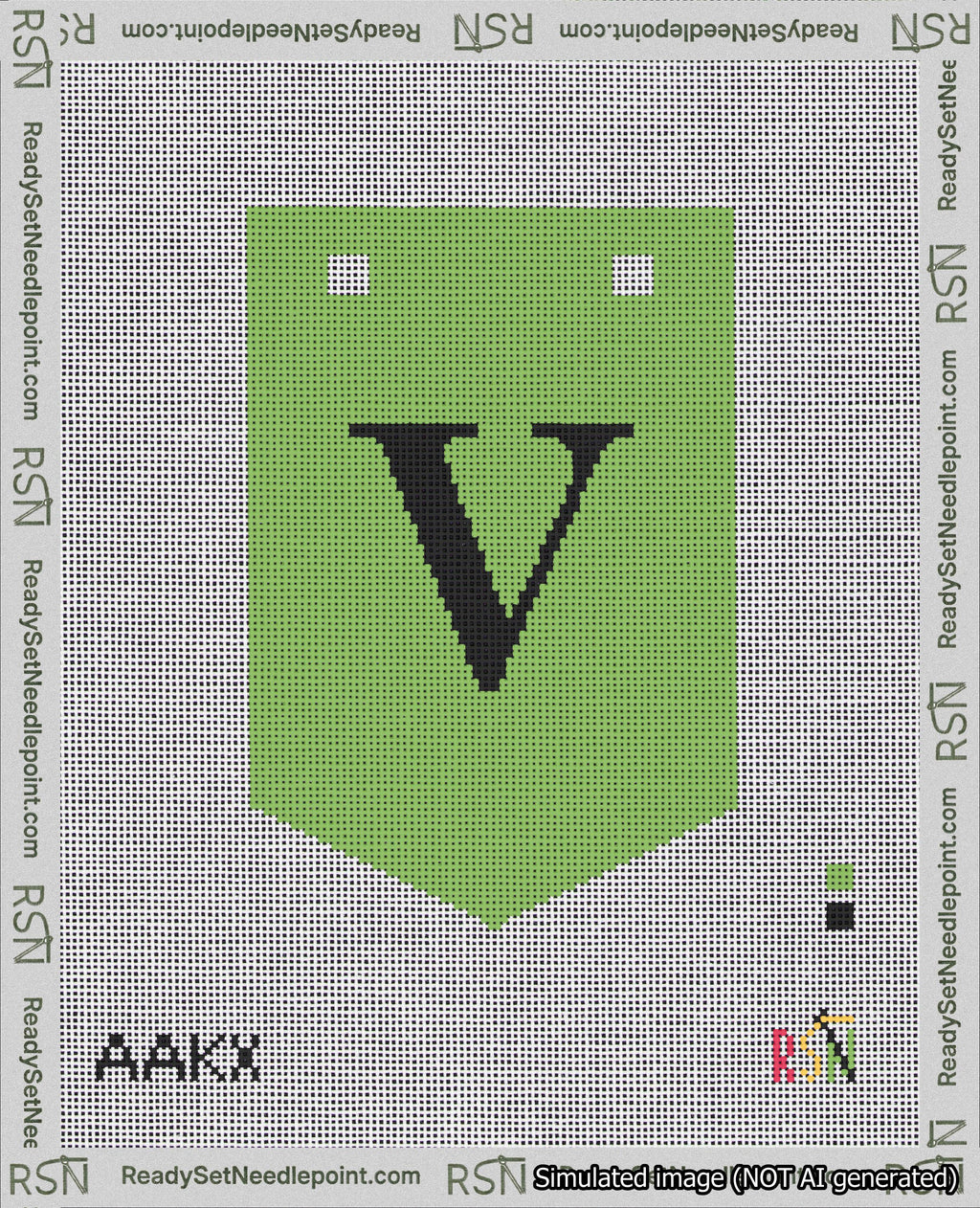 A taped needlepoint canvas with the design: Banner 18 mesh count Pointed V Black on Light Green.