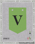 A taped needlepoint canvas with the design: Banner 18 mesh count Pointed V Black on Light Green.