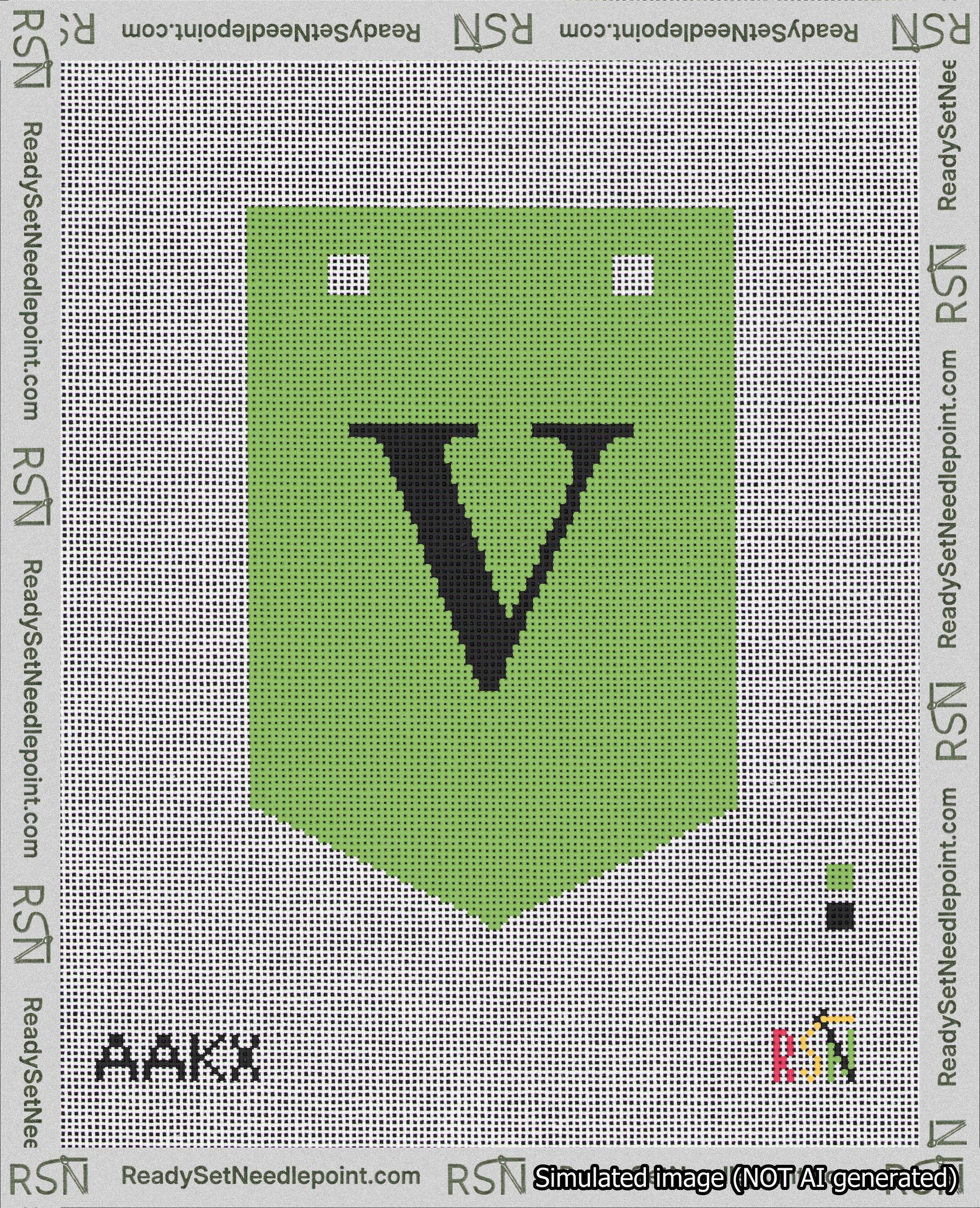 A taped needlepoint canvas with the design: Banner 18 mesh count Pointed V Black on Light Green.