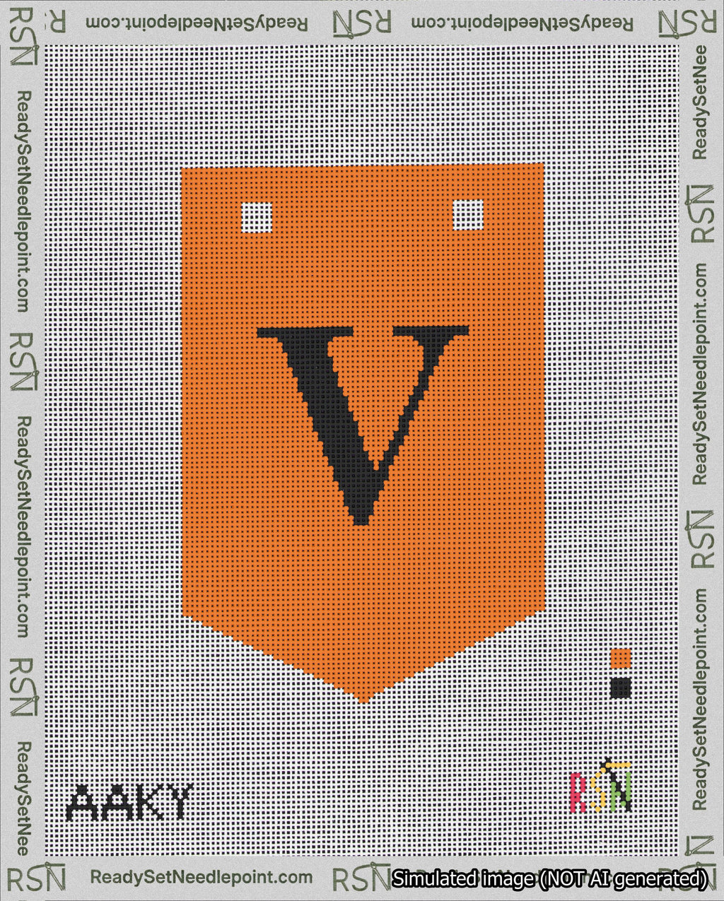 A taped needlepoint canvas with the design: Banner 18 mesh count Pointed V Black on Orange.