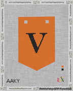 A taped needlepoint canvas with the design: Banner 18 mesh count Pointed V Black on Orange.