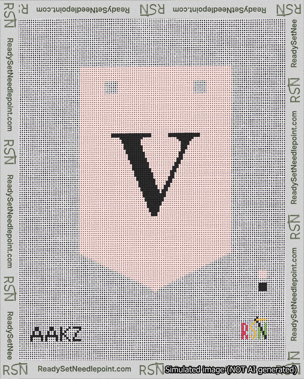 A taped needlepoint canvas with the design: Banner 18 mesh count Pointed V Black on Pink.