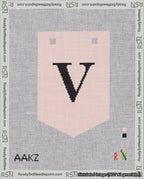 A taped needlepoint canvas with the design: Banner 18 mesh count Pointed V Black on Pink.