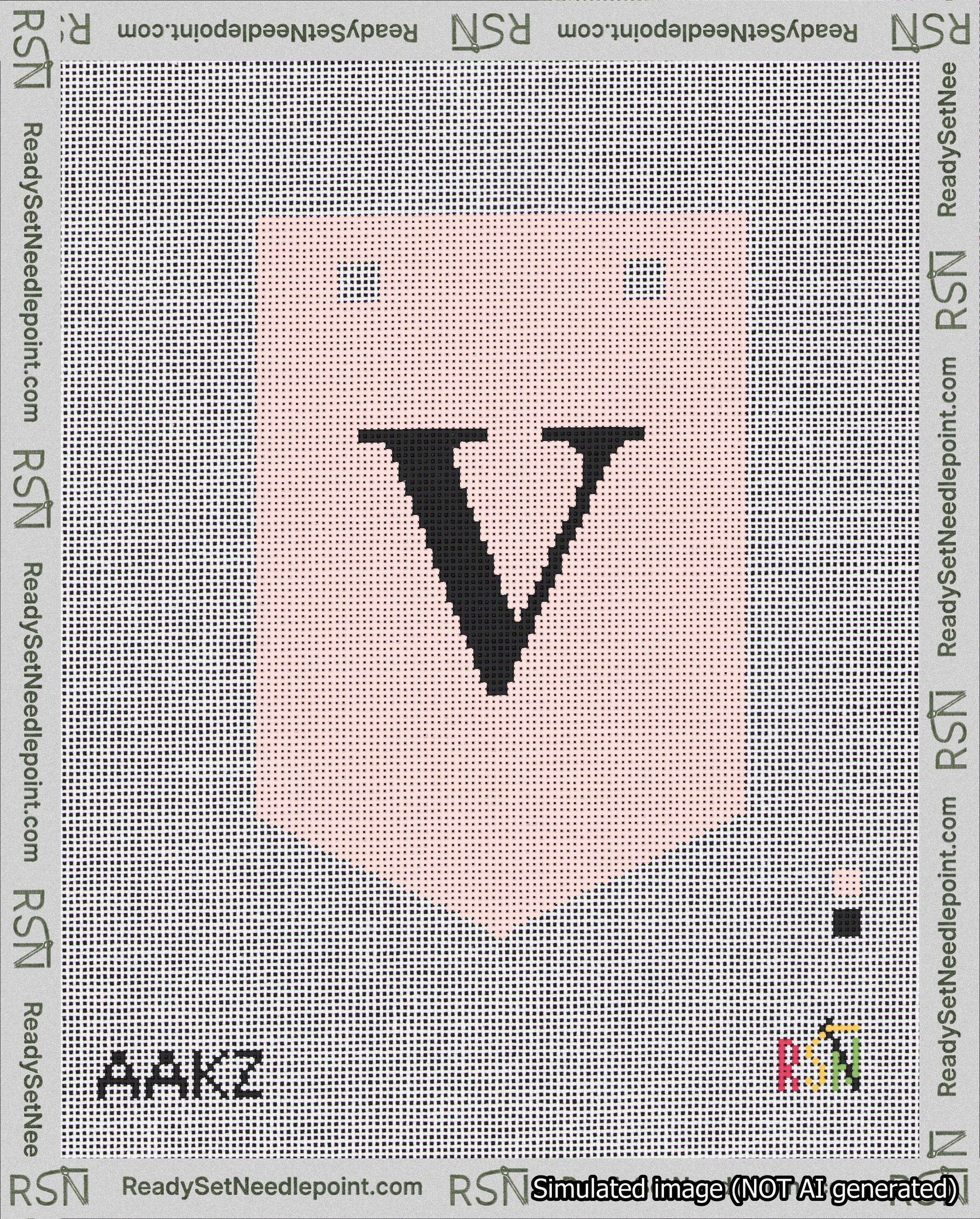 A taped needlepoint canvas with the design: Banner 18 mesh count Pointed V Black on Pink.