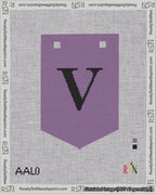 A taped needlepoint canvas with the design: Banner 18 mesh count Pointed V Black on Purple.