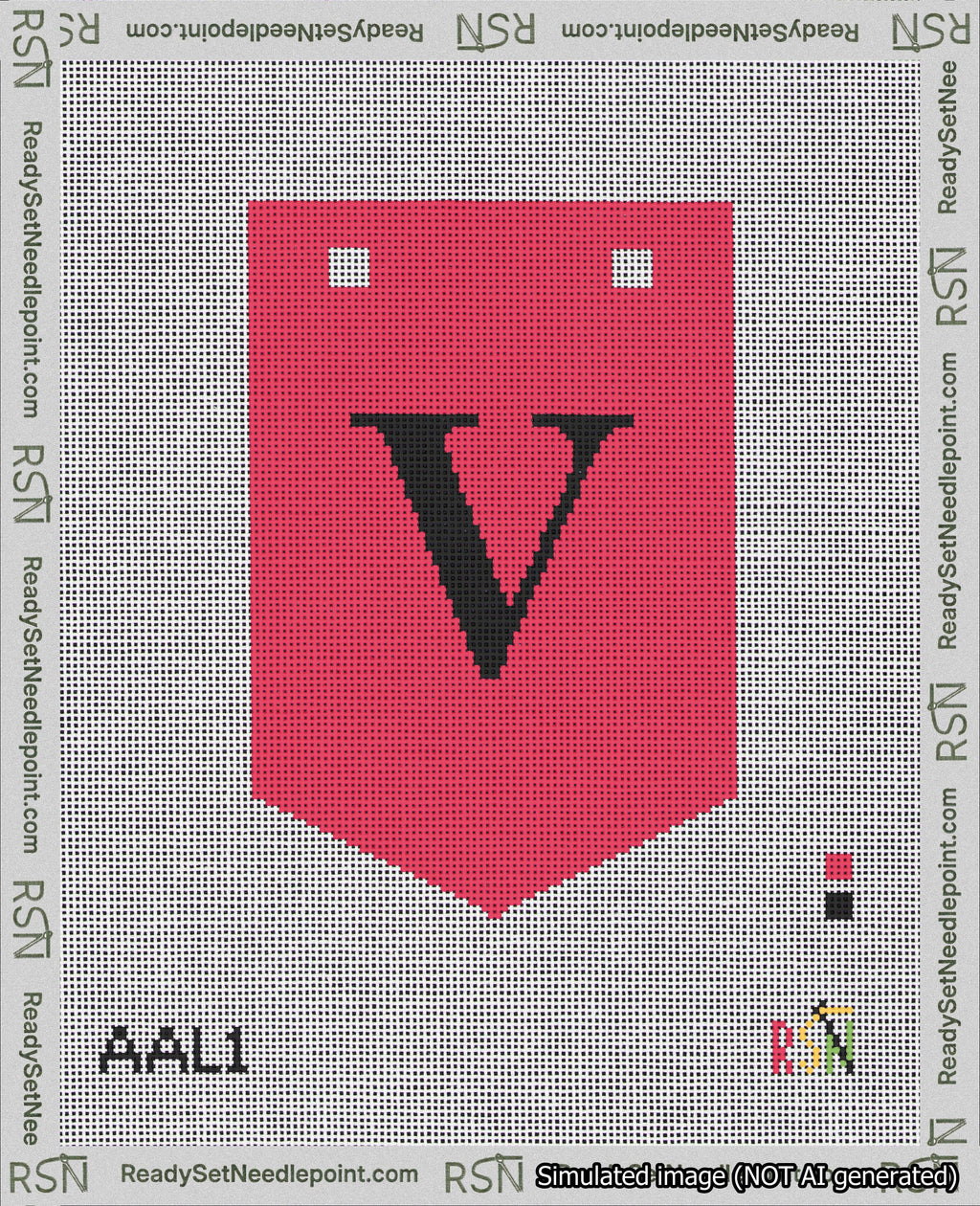 A taped needlepoint canvas with the design: Banner 18 mesh count Pointed V Black on Red.