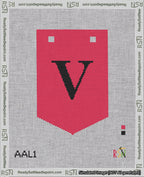 A taped needlepoint canvas with the design: Banner 18 mesh count Pointed V Black on Red.