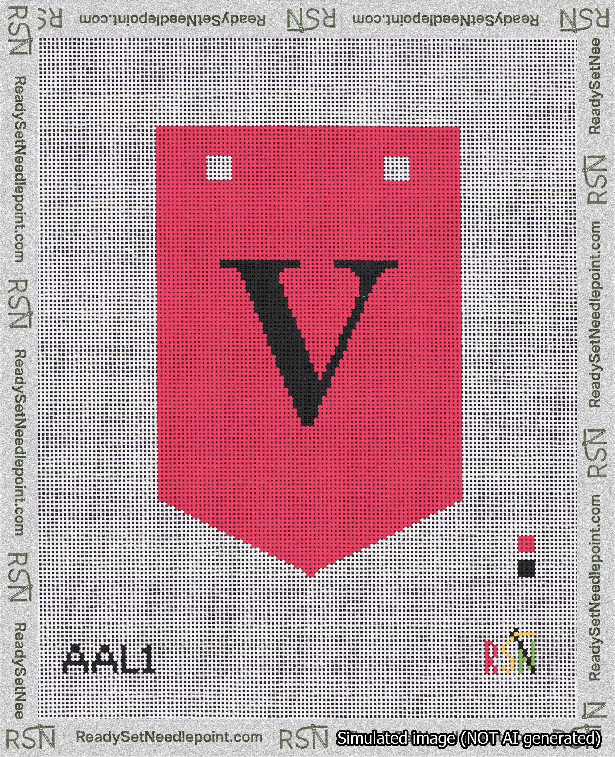 A taped needlepoint canvas with the design: Banner 18 mesh count Pointed V Black on Red.