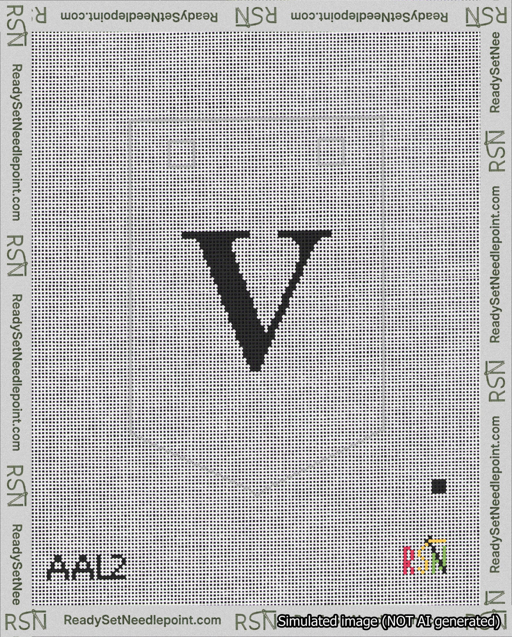 A taped needlepoint canvas with the design: Banner 18 mesh count Pointed V Black on White.