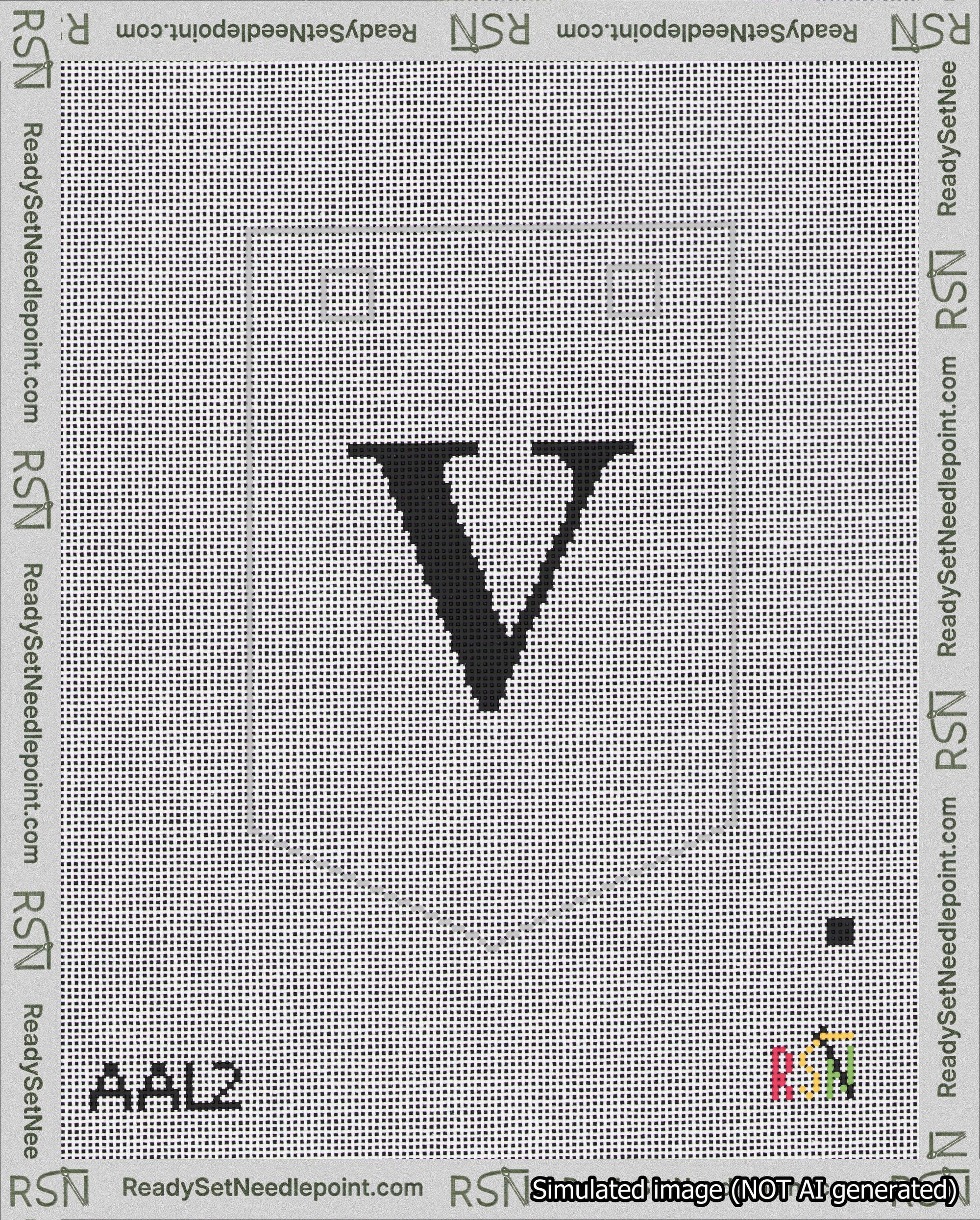 A taped needlepoint canvas with the design: Banner 18 mesh count Pointed V Black on White.