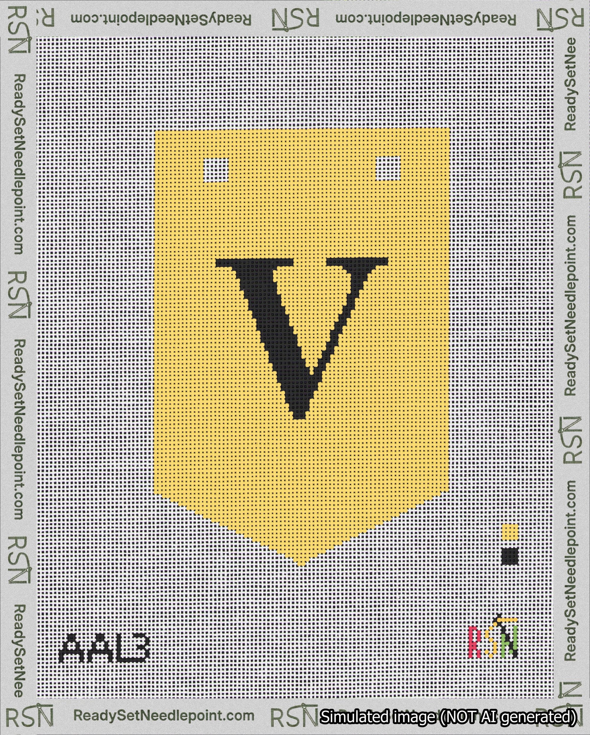 A taped needlepoint canvas with the design: Banner 18 mesh count Pointed V Black on Yellow.