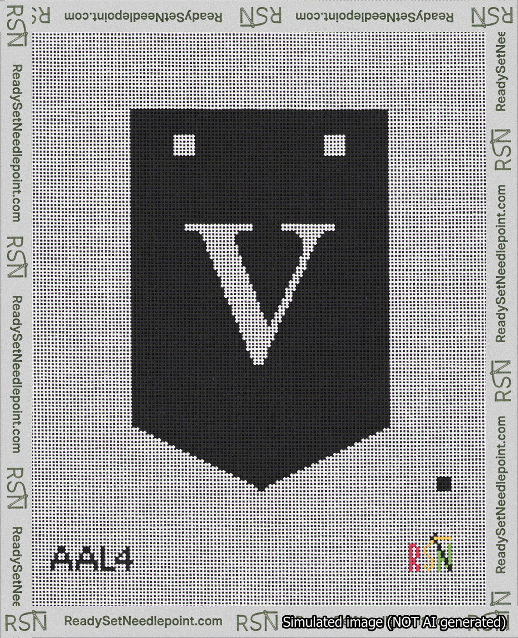 A taped needlepoint canvas with the design: Banner 18 mesh count Pointed V White on Black.