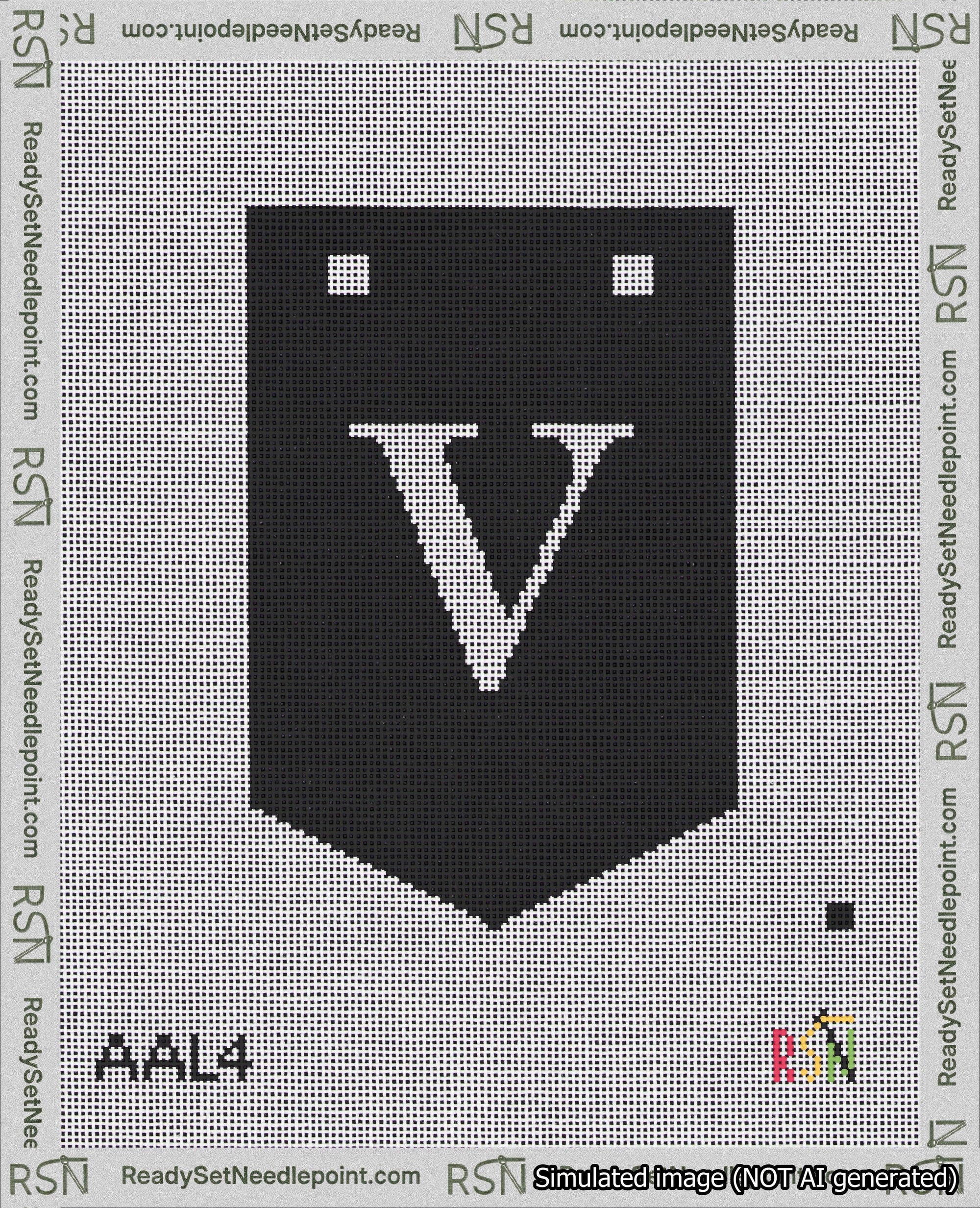 A taped needlepoint canvas with the design: Banner 18 mesh count Pointed V White on Black.