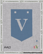 A taped needlepoint canvas with the design: Banner 18 mesh count Pointed V White on Blue.