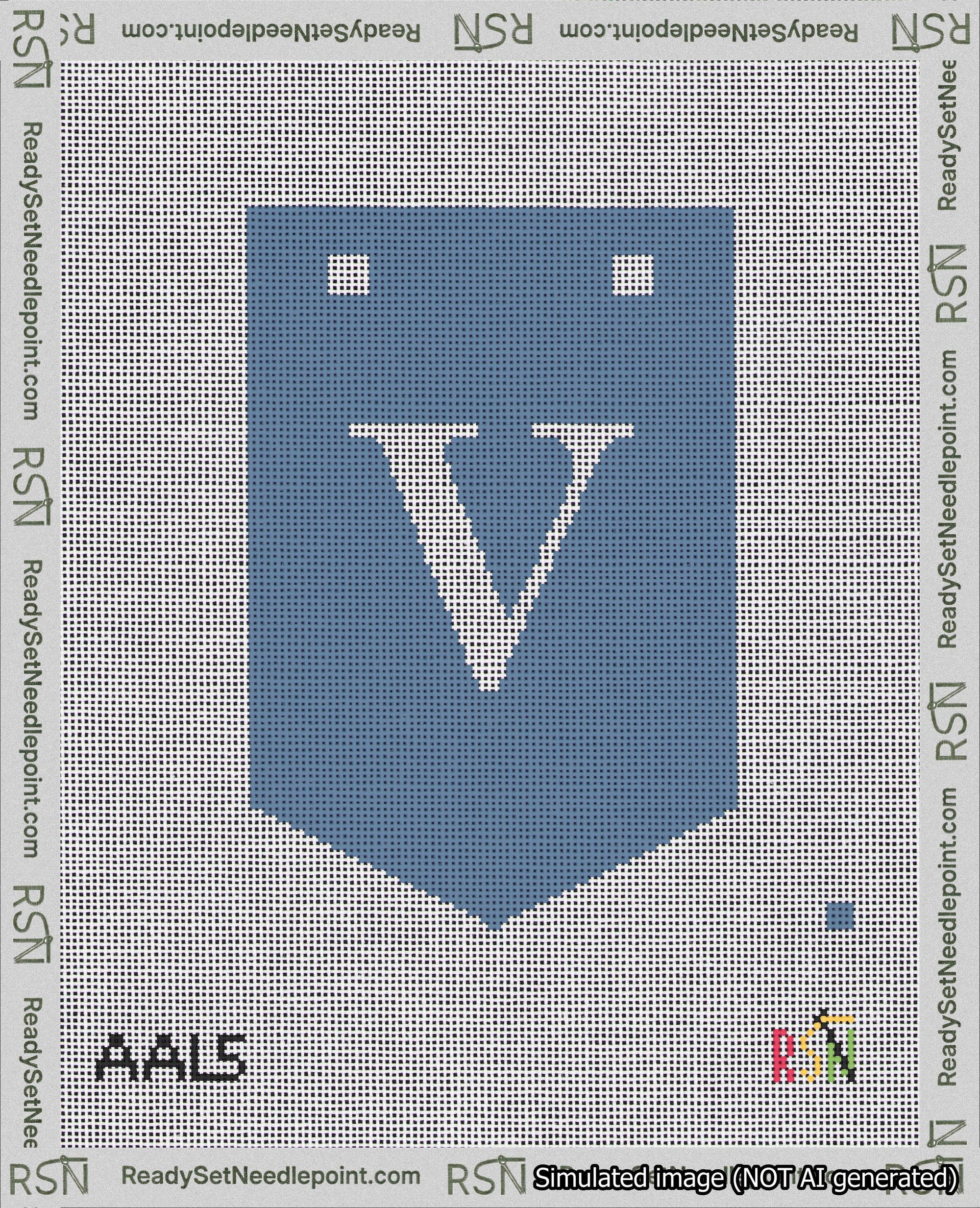 A taped needlepoint canvas with the design: Banner 18 mesh count Pointed V White on Blue.