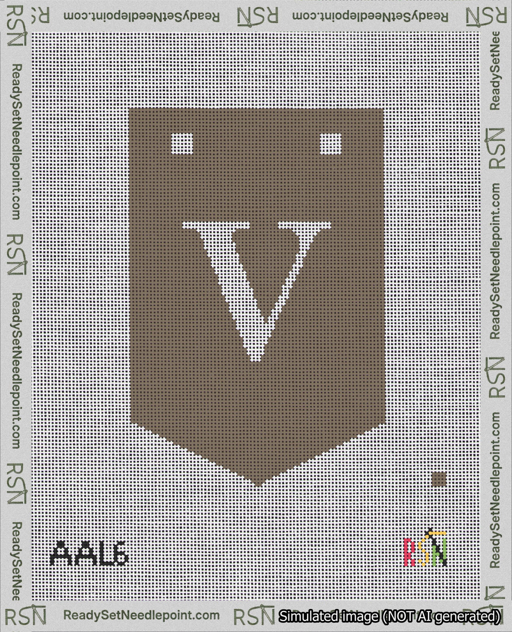 A taped needlepoint canvas with the design: Banner 18 mesh count Pointed V White on Brown.