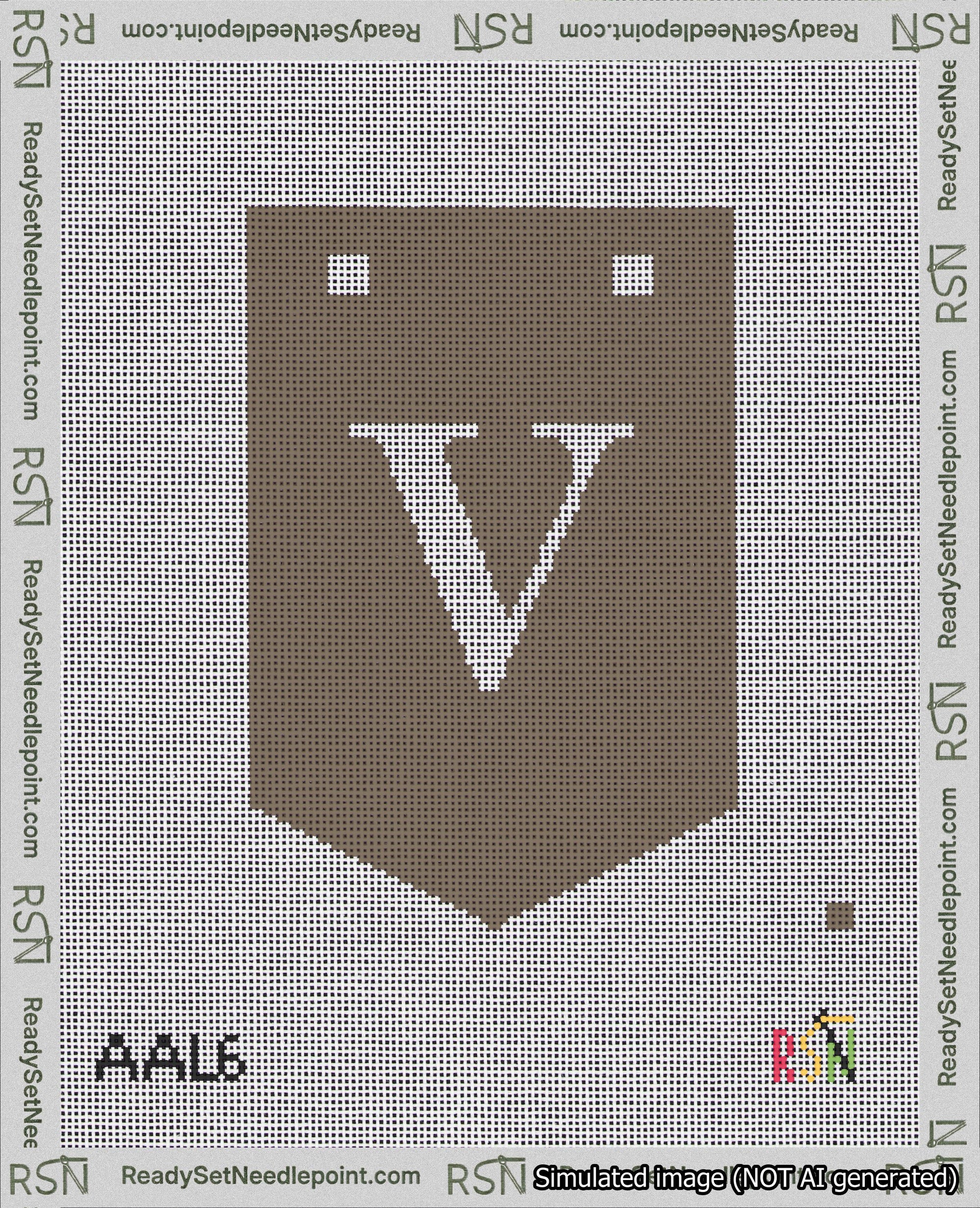 A taped needlepoint canvas with the design: Banner 18 mesh count Pointed V White on Brown.