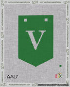 A taped needlepoint canvas with the design: Banner 18 mesh count Pointed V White on Green.