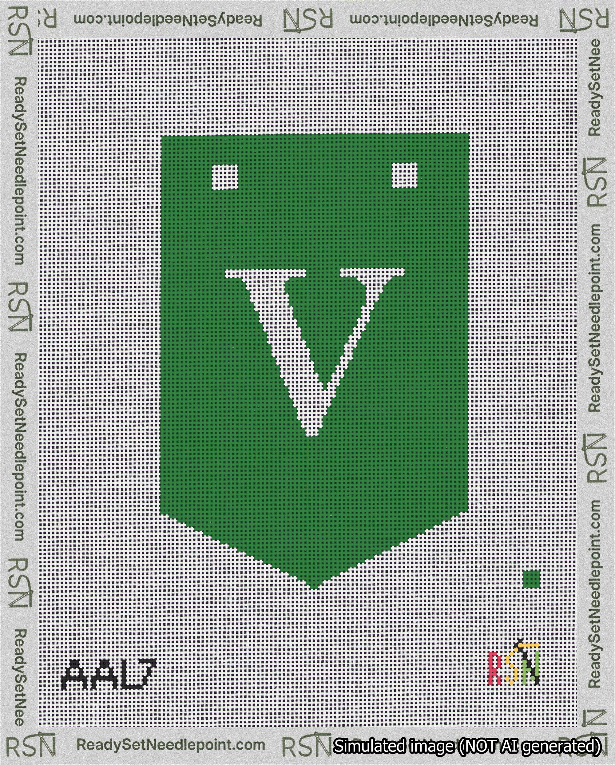 A taped needlepoint canvas with the design: Banner 18 mesh count Pointed V White on Green.