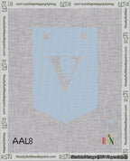 A taped needlepoint canvas with the design: Banner 18 mesh count Pointed V White on Light Blue.