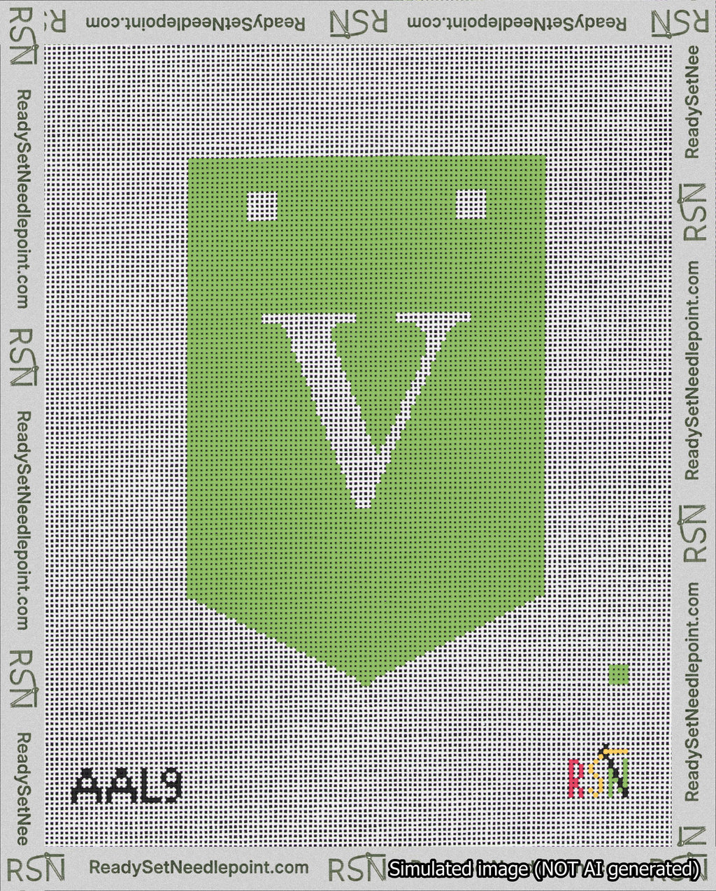 A taped needlepoint canvas with the design: Banner 18 mesh count Pointed V White on Light Green.
