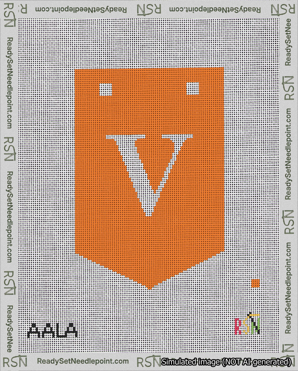 A taped needlepoint canvas with the design: Banner 18 mesh count Pointed V White on Orange.