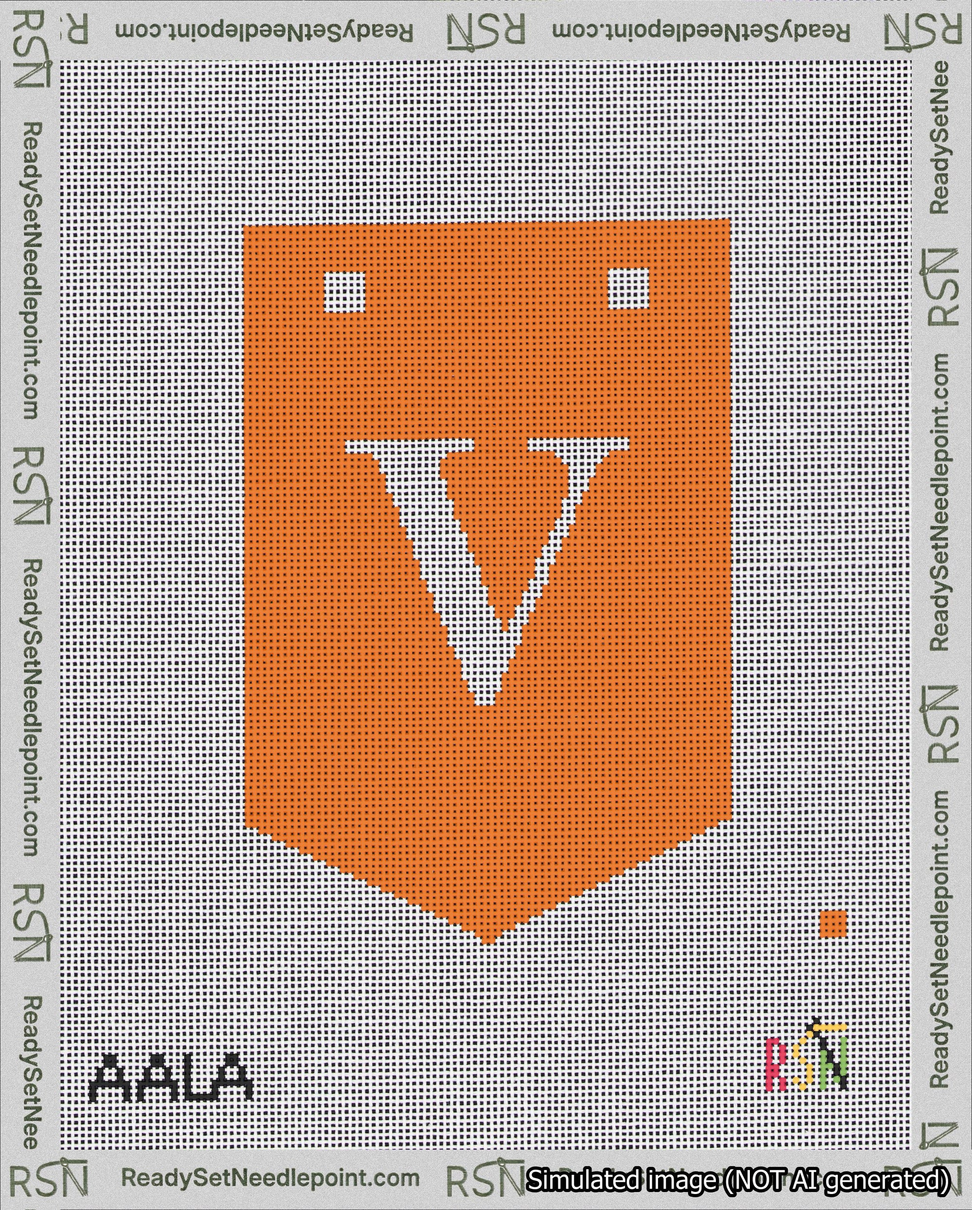 A taped needlepoint canvas with the design: Banner 18 mesh count Pointed V White on Orange.