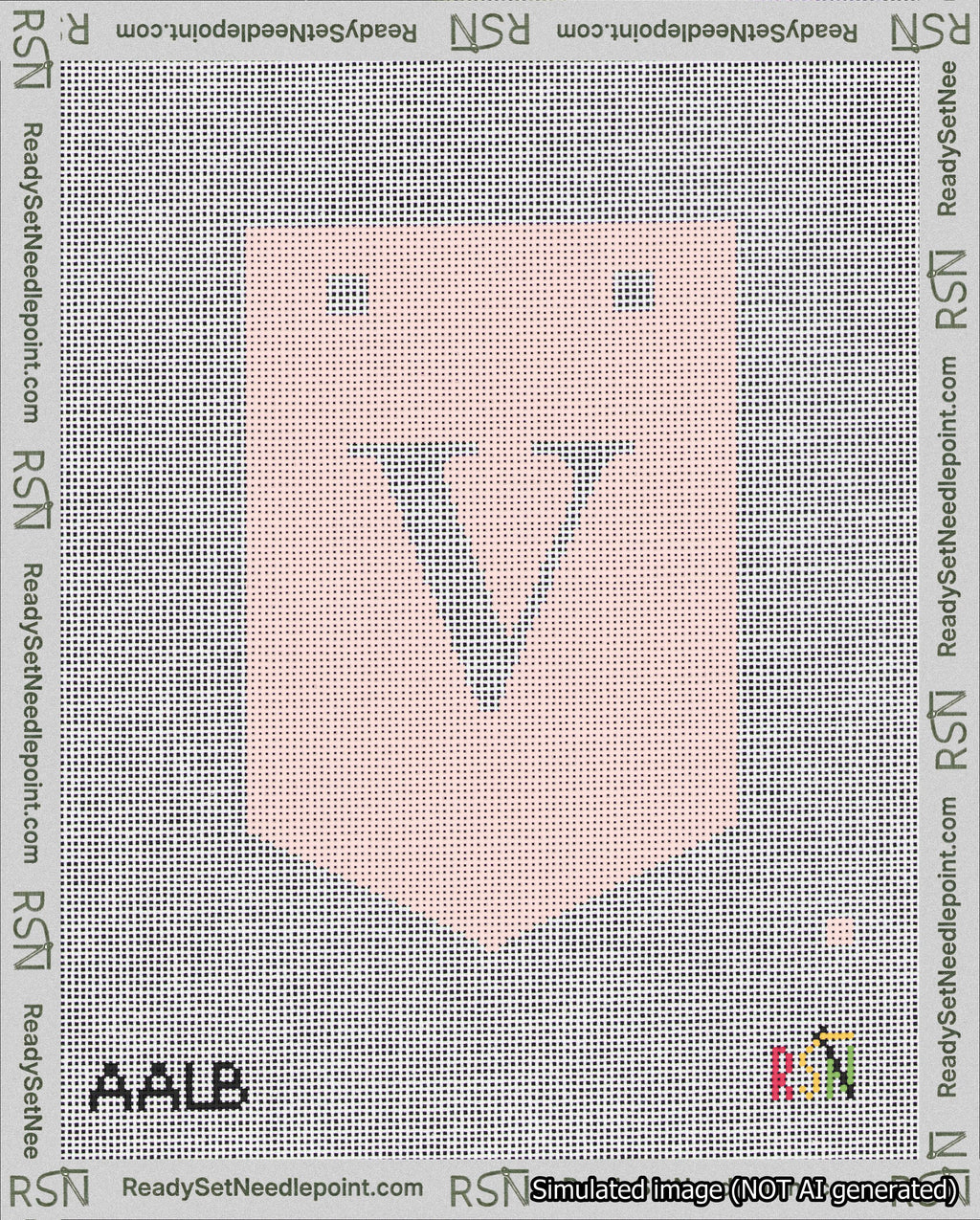 A taped needlepoint canvas with the design: Banner 18 mesh count Pointed V White on Pink.