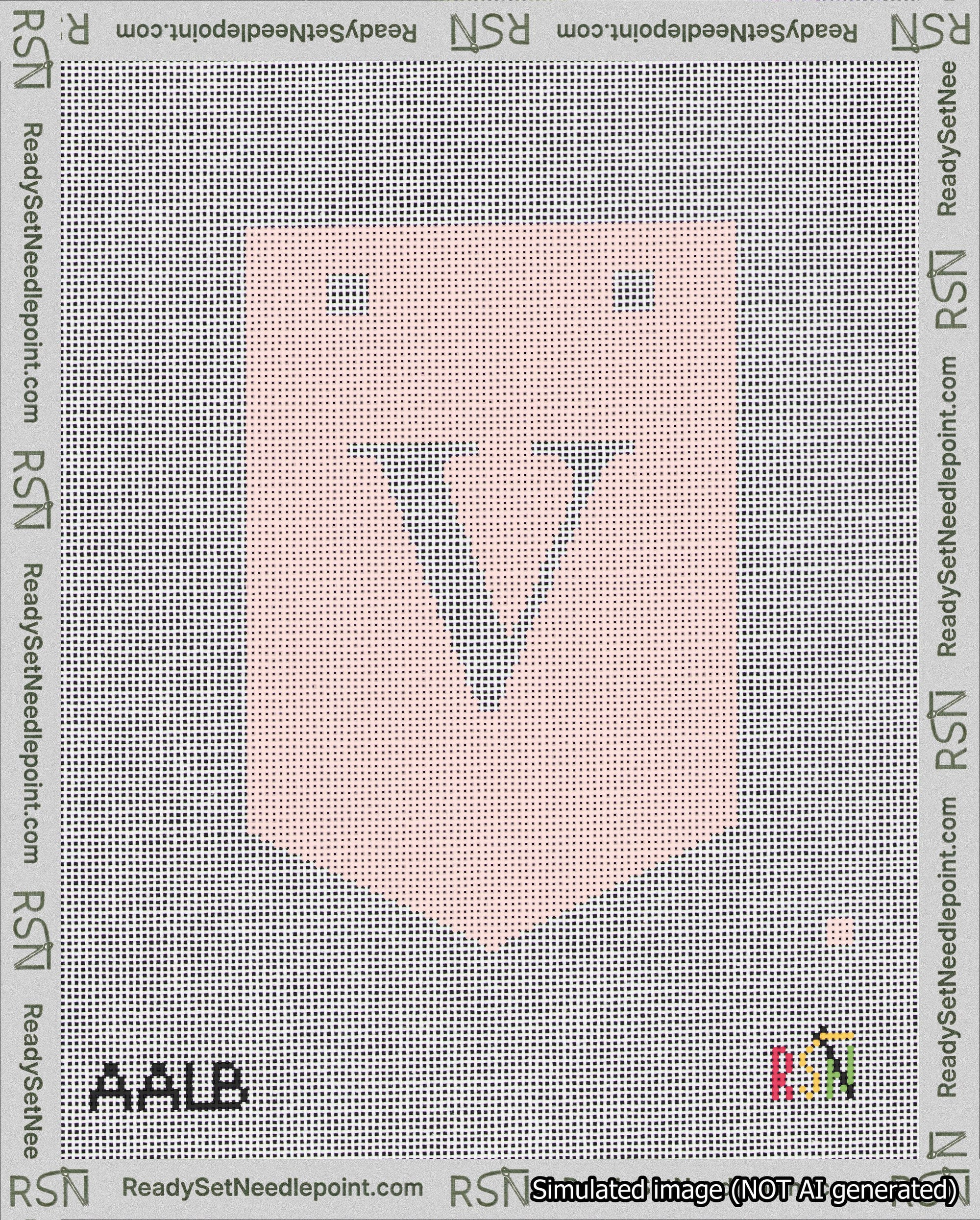 A taped needlepoint canvas with the design: Banner 18 mesh count Pointed V White on Pink.