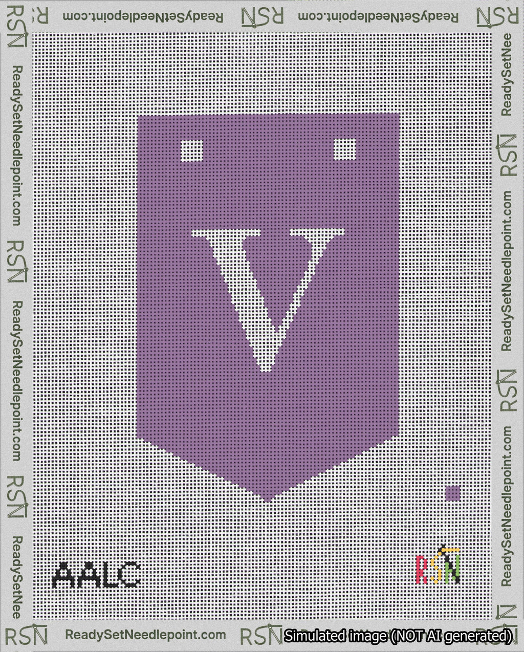 A taped needlepoint canvas with the design: Banner 18 mesh count Pointed V White on Purple.