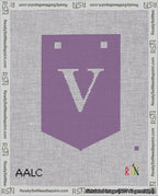 A taped needlepoint canvas with the design: Banner 18 mesh count Pointed V White on Purple.